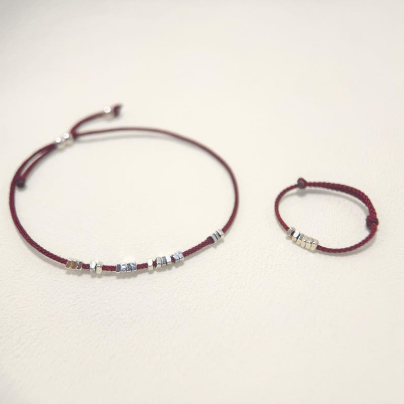 Minimalist Red String Bracelet and Ring Set, 925 silver bead, Adjustable spiritual jewelry, Wine Red Thread, Buddhist protection talisman image 3