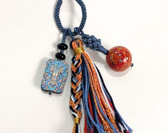 Handmade Tibetan Five Colour Lucky Charm Keychain, Red Bead and Wood Amulet with Tassel, Bohemian Style Protection Bag Charm