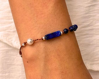 Natural Lapis Lazuli Butterfly Bracelet with Freshwater Pearl, Silver Plated Lucky Charm, Blue Gemstone Braided Cord Jewelry Gift for Her