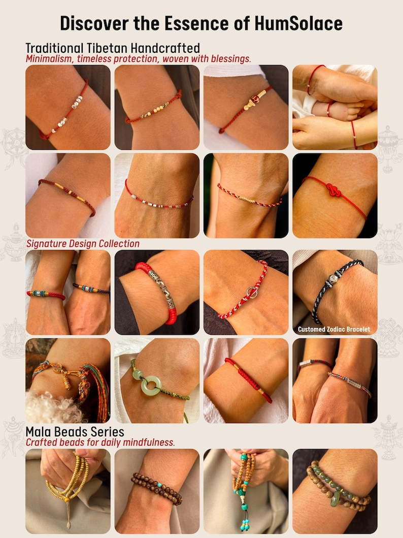 May include: A collage of handcrafted Tibetan bracelets and mala beads. The image showcases various designs, including red string bracelets with metallic beads, braided styles, and beaded bracelets. Text includes "Discover the Essence of HumSolace" and "Signature Design Collection."