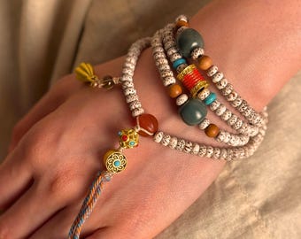 Buddhistische Bodhi Samen Mala Halskette, tibetische Gebetskette mit Anhänger, Gebetsmühle Amulett, achtsames Meditations Geschenk für Männer Frauen