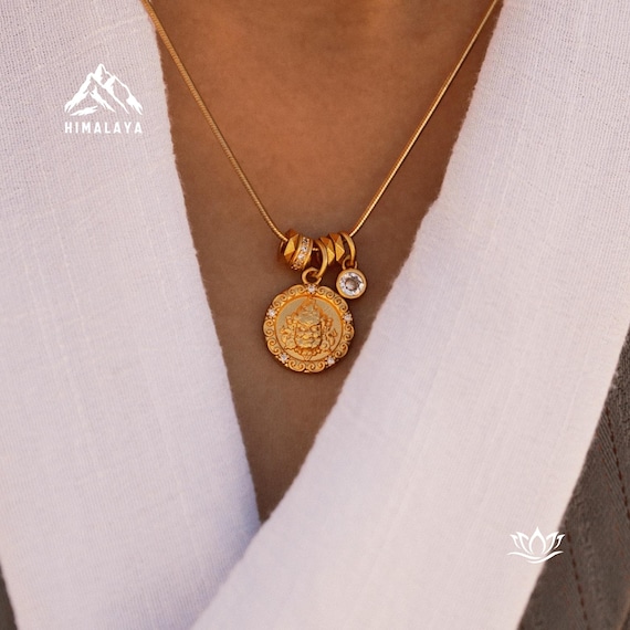 Buddhist Good Fortune Necklace with Moissanite, 18k Gold Dainty Jewelry, God of Wealth Snake Chain Necklace, Lucky Charm Gift for Grandma