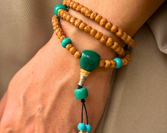 108 Tibetan Mala, 6mm Buddhist Prayer Beads for Meditation, Natural Wood Cypress Seed Bead Necklace with Turquoise and Sherpa Glass Beads