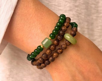 Natural Green Jade Wood Mala Bracelet, Tibetan Buddhist Prayer Beads Necklace, Multi Wrap Protection Amulet, Mindfulness Yoga Gift