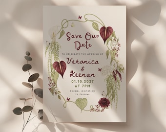 Burgundy Floral Save the Date Template, Dark Botanical Wedding Announcement, Moody Garden Invite SD21