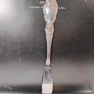May include: A silver butter knife with an ornate handle featuring floral and scroll designs. The blade is flat and slightly curved. The knife is set against a dark, textured background.
