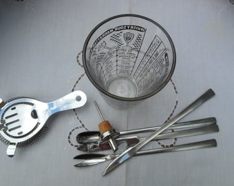 vintage barware set - mixing glass with recipes, stainless steel utensils circa 1950s estate sale find