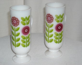 vintage  - small pedestal mugs - demitasse-like - milk glass with floral print