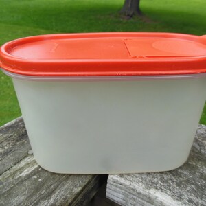 May include: A rectangular, off-white plastic container with a bright orange lid. The lid has a recessed area and a tab for easy opening. The container is sitting on a weathered wooden surface, with a green grassy background.