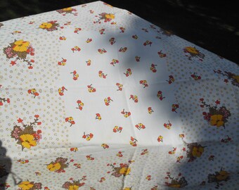 vintage Beba brand tablecloth circa 1970s / 1980s fabric floral print tablecloth off white backgrnd w/ orange, yellow, brown & pink flowers