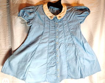 vintage little girls light blue dress with embroidered peter pan collar buttons