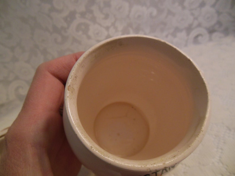 Peut inclure: Une tasse en c&eacute;ramique blanche avec un int&eacute;rieur rose clair. Le bord de la tasse pr&eacute;sente une d&eacute;coloration. La tasse est tenue par une personne.
