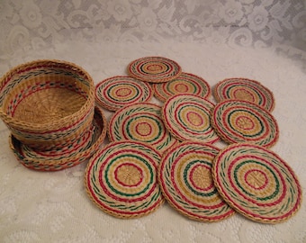 Set of 10 vintage woven coasters in woven box circa 1960s Made in China