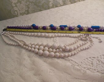 vintage necklaces - mixed lot of (3) - 4-strand layered x1 (white) - single strand x 2 (Purple/gold & tuquoise/white/gold)