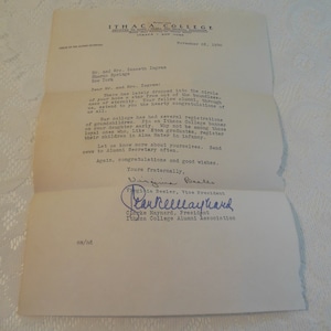 1940 hand-typed letter on Ithaca College letterhead - letter of congratulations