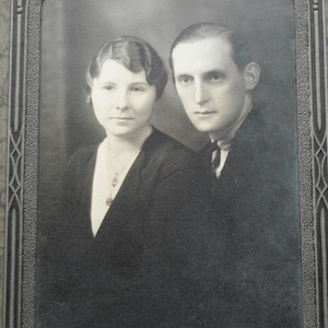 parlor cabinet photo black white man and woman Dixie Studios Olean NY antique 1930s