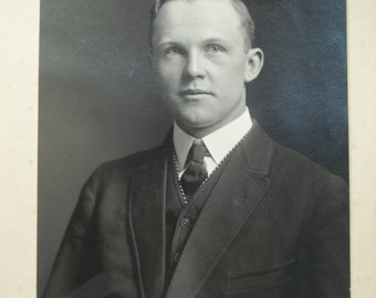 Fabulous parlor photo of younger man in suit - circa 1940s or earlier