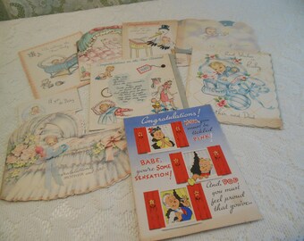 vintage baby cards - mixed lot of eight (8) used baby cards circa 1940s