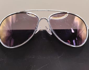 aviator sunglasses silver colored metal frames dark gray lenses vintage 1990s