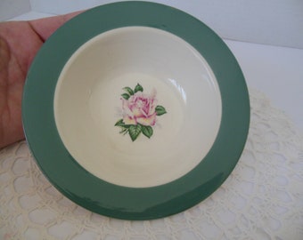 vintage Lifetime China Company "Cameo" fruit, sauce or side dish   creamy white dish with green trim - pretty, solitary pink rose w/ leaves