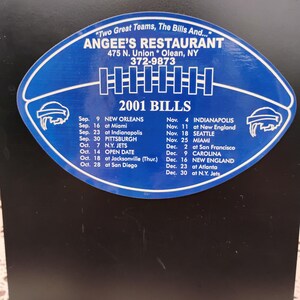 vtg 2001 Buffalo Bills promo game schedule magnet Angee's Restaurant Olean NY