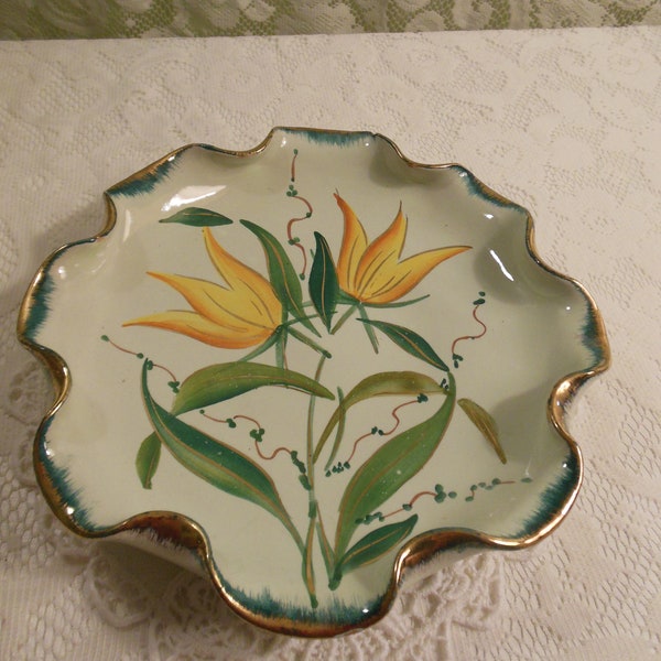 vintage fluted ceramic dish with yellow tulips Italy marked "301/110 - Italy" - circa 1990s