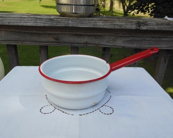 vintage enamelware pot - top portion of double boiler white w/ red accents approximately 1-1/2 qt size