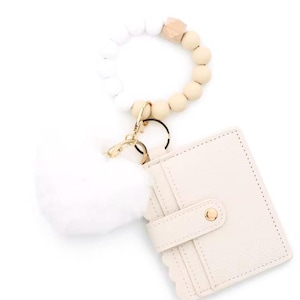 Carteira com pompom branco marfim – Clutch minimalista com porta-cartões | Carteira com chaveiro fofa em rosa, bege, azul, marfim e roxo | Bolsa tipo bolsa