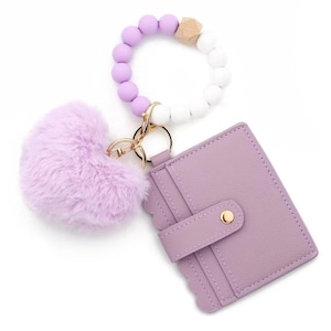 Carteira de pulso com pompom de coração fofo – Porta-cartões minimalista com zíper | Carteira com chaveiro fofa em rosa, bege, azul, marfim e roxo | Bolsa tipo bolsa