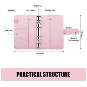 May include: A pink leather binder with a ring mechanism, card pockets, pen loops, and a magnetic buckle closure. It measures 10.94 inches wide and 7.48 inches tall.  "PRACTICAL STRUCTURE" is printed on the bottom of the image.