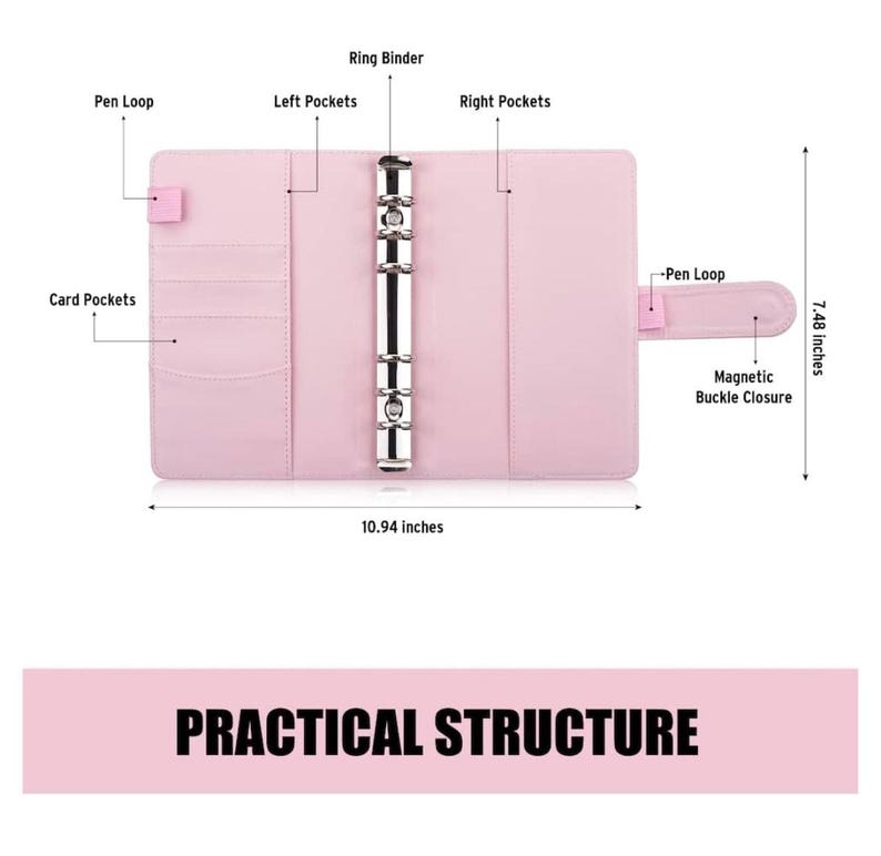 May include: A pink leather binder with a ring mechanism, card pockets, pen loops, and a magnetic buckle closure. It measures 10.94 inches wide and 7.48 inches tall.  "PRACTICAL STRUCTURE" is printed on the bottom of the image.