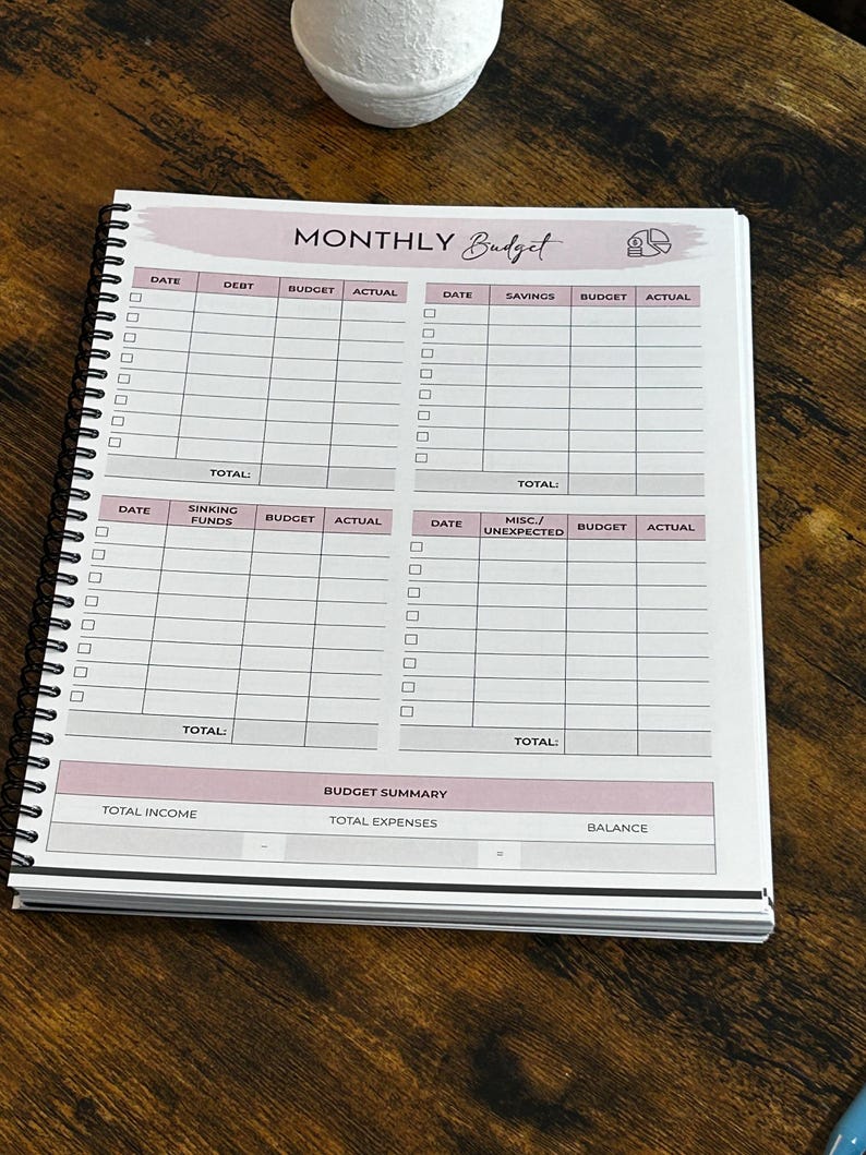 May include: A spiral-bound notebook with a "MONTHLY Budget" title in script. The pages are white with pink accents and include sections for debt, savings, and expenses. The notebook is open on a dark wood surface.