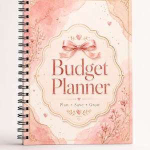 May include: A spiral-bound budget planner with a soft pink watercolor background featuring floral illustrations, a central decorative frame, a pink ribbon bow, and the text "Budget Planner" followed by "Plan • Save • Grow" in dark red.
