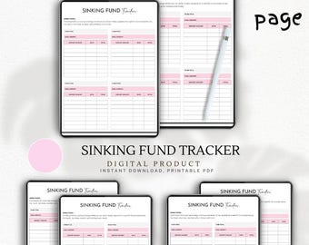 May include: A digital product image featuring a "Sinking Fund Tracker" with a pink and white design. The text "Sinking Fund Tracker" and "Digital Product" are visible. The image includes a tablet and a stylus, with the text "1 page" in the upper right corner.