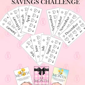 May include: A printable 12-month savings challenge with a pink background. Each month has a heart with a dollar amount to save. The challenge includes a cute pig illustration.