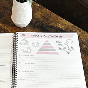 May include: Open spiral-bound planner with the title "FINANCIAL Challenges" and a pyramid graphic for tracking. The page includes prompts for detailing financial challenges. A white vase with purple flowers sits nearby on a wooden surface.