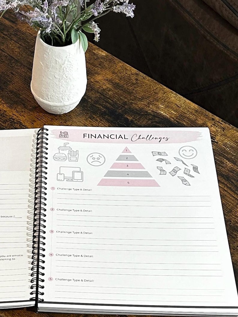 May include: Open spiral-bound planner with the title "FINANCIAL Challenges" and a pyramid graphic for tracking. The page includes prompts for detailing financial challenges. A white vase with purple flowers sits nearby on a wooden surface.
