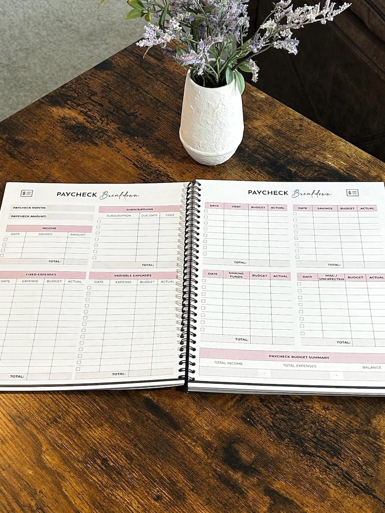 May include: Open spiral-bound planner with the title "PAYCHECK Breakdown" in black script. The pages are white with pink accents and include sections for income, expenses, and budget summaries. A white vase with purple flowers sits in the background.