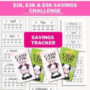 May include: A printable savings tracker with a pink and green color scheme. The tracker features a cow graphic and is designed to help people save money. The tracker includes a section for each month of the year and has a goal of saving $1,000, $3,000, or $5,000.