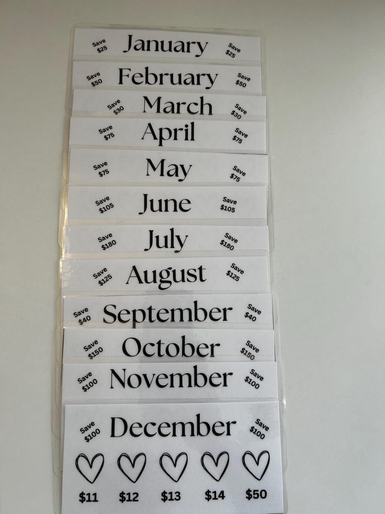 May include: A set of twelve white cards with black text, each card features a month of the year and a dollar amount. The cards are arranged vertically in a stack. The bottom card has five hearts and dollar amounts below each heart.