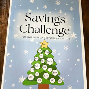 May include: A printable savings challenge in the shape of a Christmas tree with dollar amounts on each ornament. The challenge is for holidays and special occasions. The top of the tree has a star with $50 written on it.