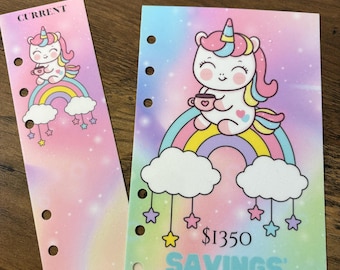Rastreadores del reto de ahorro Unicorn Hideaway, tamaño A6, laminados y reutilizables