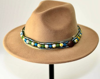 Handmade Hat Band with Glass Beads, With Brass Button closer,