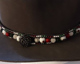 Handmade Hat Band with Glass Beads Botton Closer, Red, Green, and White Beads, with a Silver Botton Closer. Christmas Glass poinsettia Beads