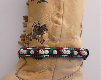 Handmade Christmas Boot Bracelet with Beads with Beaded Loop and a Botton Closer  Snowman beads