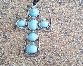 Cross Necklace with Soft Blue Stones on Black Cording, by Sherrie Styx, Styx River Art