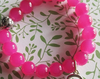 Pink Beaded Adjustable Bracelet with Tiny Key, Bright Pink Happy Bracelet, Elastic by Styx River Art