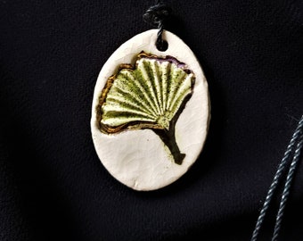 Gingko Necklace 22 Karat GOLD on Porcelain, Gingko leaf jewelry, ceramic necklace by Styx River Art