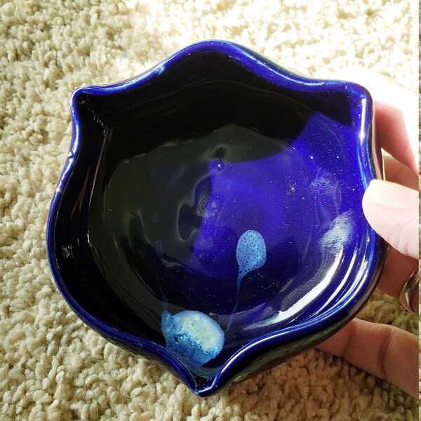 Deep Blue Pottery Dish Country Kitchen Pottery, Blue Ceramic Bowl Loving Cooking and Ice Cream by Styx River Art