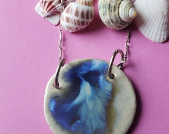 Denim Blue Ceramic Pendant, Inspired by Blue Skies, Blue White Cloud Glaze, Ceramic Necklace by Styx River